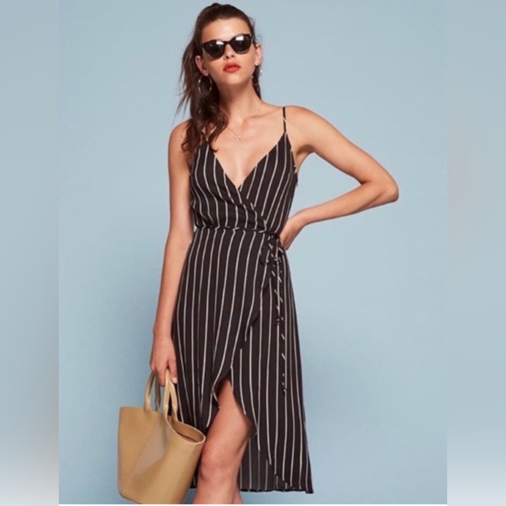 Reformation Black And White Striped High-Low Wrap Dress